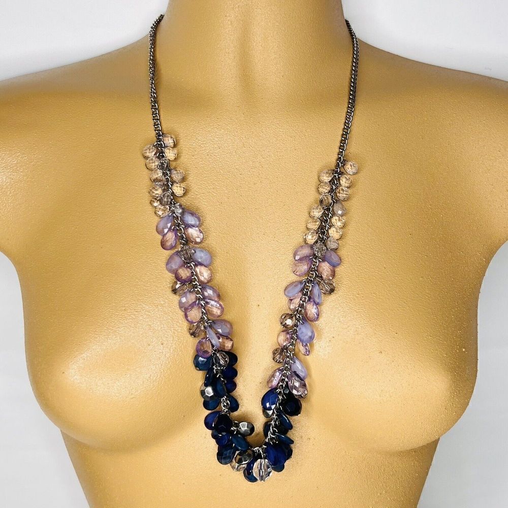 Loft Necklace Silver Tone Dangle Blue Lavender Smoky Faux Crystal Cluster  26“